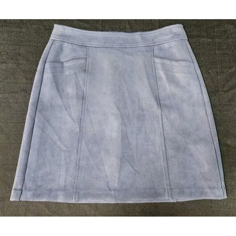 Loft Vegan Suede Navy Blue Gray‎ Skirt Front Pockets Zip Womans Size 0P Petites